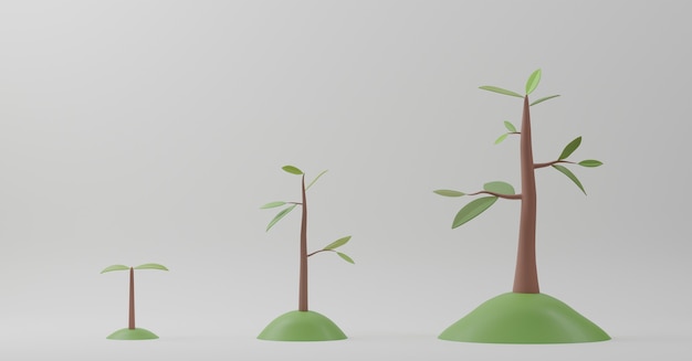 Rendu 3D. Diagramme de croissance des arbres sur fond blanc. Concept d'évolution de croissance végétale de phases.