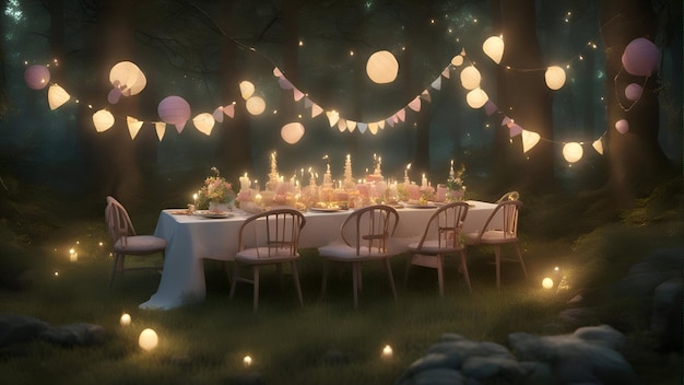 Rendu 3D d'un dîner romantique dans la forêt avec bougies et guirlandes