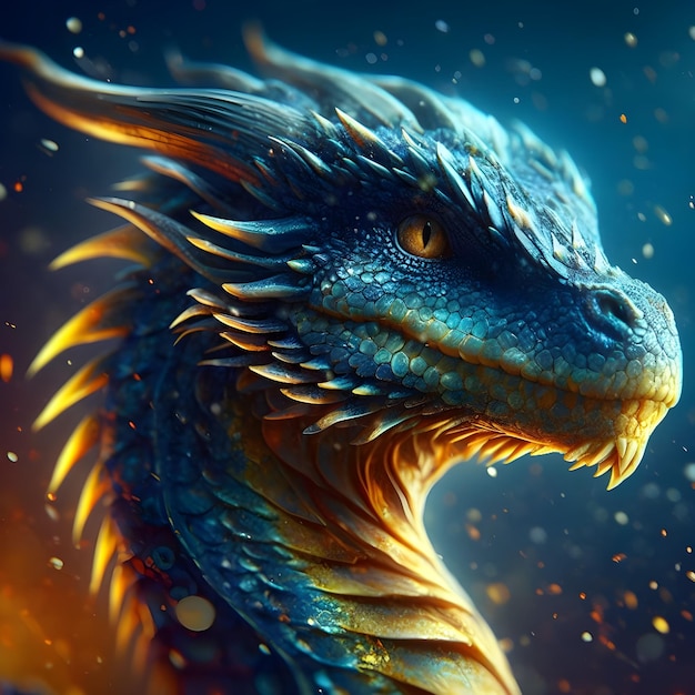 Rendu 3D d'un dragon fantastique isolé sur un fond sombre