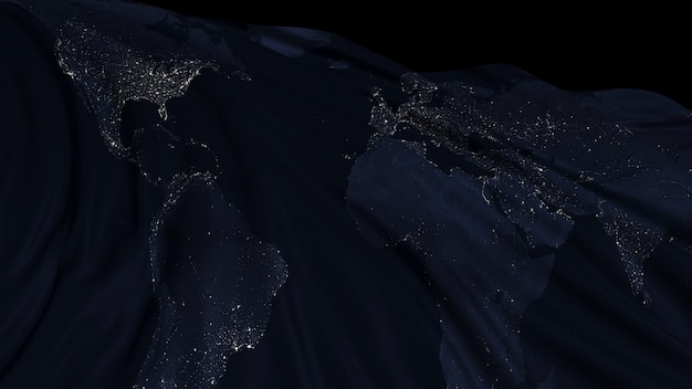 Rendu 3d D'un Drapeau Avec La Texture De La Planète Terre La Nuit