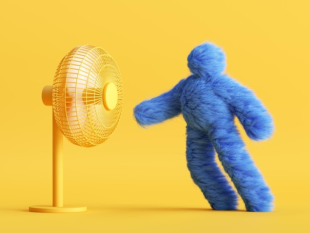 Rendu 3D, le drôle de personnage de dessin animé Yeti se tient en face du ventilateur et résiste au vent