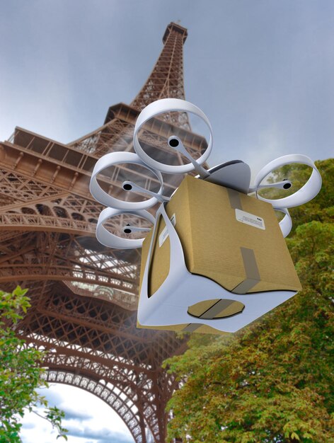 Rendu 3D d'un drone commercial transportant une boîte près de la Tour Eiffel