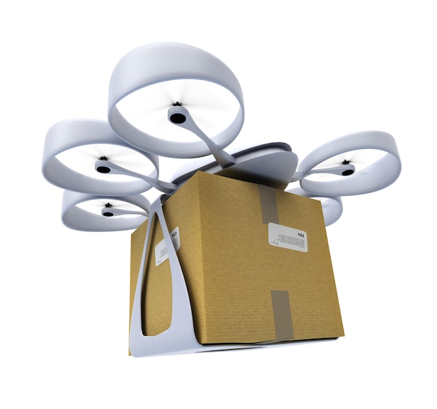 Rendu 3D d'un drone volant transportant une boîte sur un fond blanc