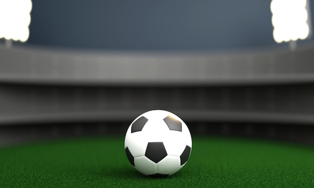 Rendu 3D du ballon de football sur fond de vue floue du stade