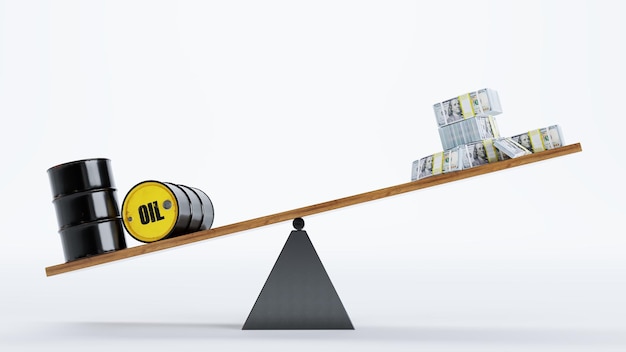 Rendu 3d du baril de pétrole et signe de l'argent sur le tableau d'échelle Estimation de la valeur du pétrole en dollars américains