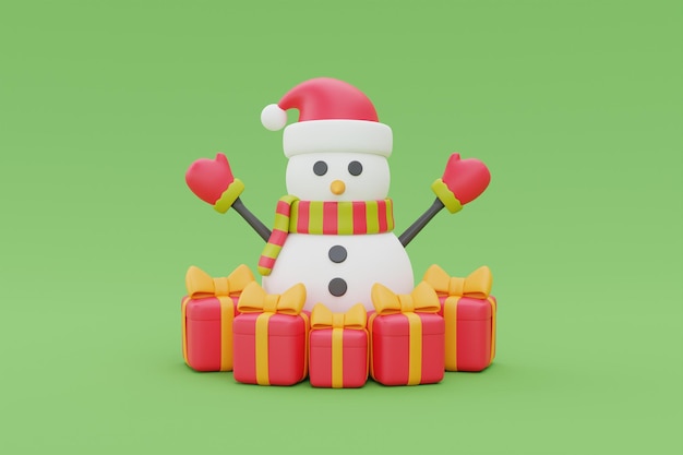 Rendu 3D du bonhomme de neige de personnage de dessin animé Joyeux Noël et Nouvel An