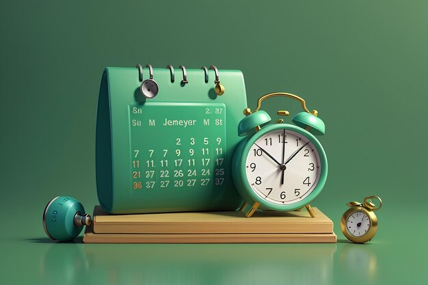 Rendu 3D du calendrier avec réveil et cloche isolés sur vert