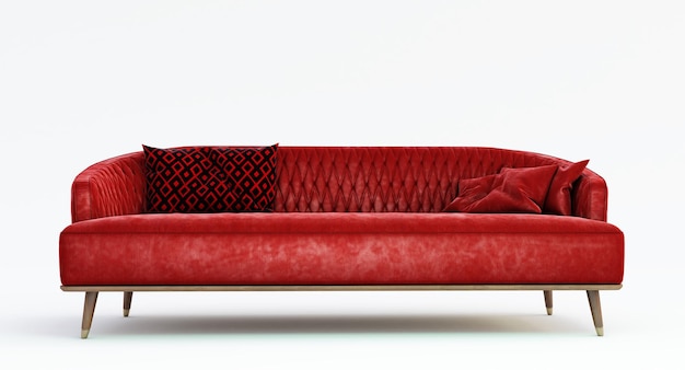 Rendu 3D du canapé en tissu rouge avec des oreillers isolés sur fond blanc.