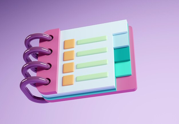 Rendu 3D du carnet de notes avec des étiquettes colorées sur fond pastel