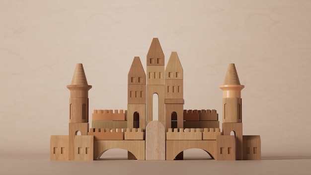 Rendu 3D du château abstrait. Rendu 3D de blocs de jouets en bois structurés en figure de château.