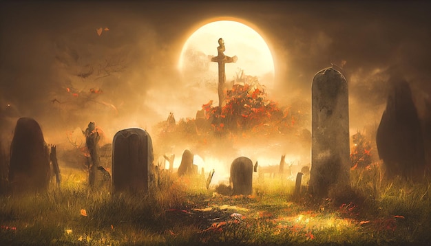 Rendu 3D du cimetière du cimetière dans la nuit noire effrayante pour le concept d'halloween