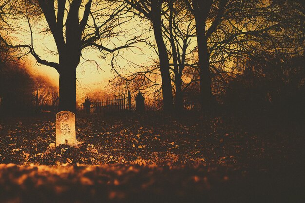 Rendu 3D du cimetière du cimetière dans la nuit noire effrayante pour le concept d'halloween