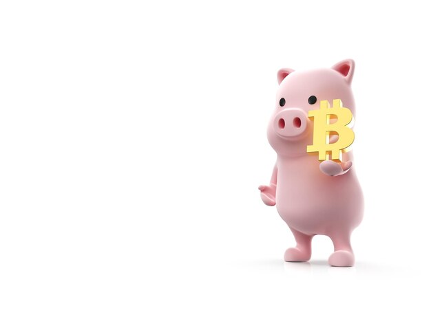 Rendu 3d du cochon tenant le symbole bitcoin sur fond blanc