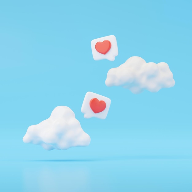 Rendu 3d du coeur dans la bulle de dialogue et nuage blanc isolé sur bleu