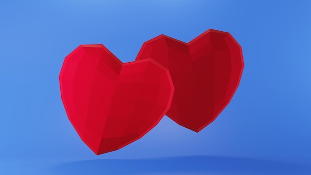 Rendu 3D du coeur rouge low poly sur fond bleu