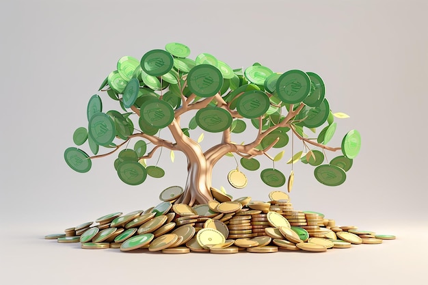 rendu 3d du concept d'arbre d'argent du marché boursier d'investissement isolé sur fond blanc illustration de rendu 3d style de dessin animé