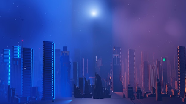 Rendu 3D du concept de paysage de ville Cyber night Lumière rougeoyante sur scène sombre Réseau technologique de la vie nocturne pour 5g Au-delà de la génération et futuriste de la capitale SciFi et scène de construction