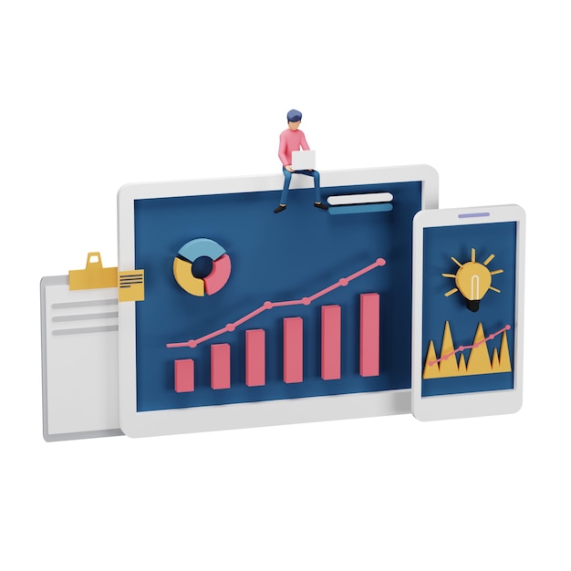 Rendu 3D du concept de stratégie de marketing numérique avec un personnage minuscule, une table, un objet graphique sur écran d'ordinateur. marketing des médias sociaux en ligne moderne pour la page de destination et le modèle de site Web mobile