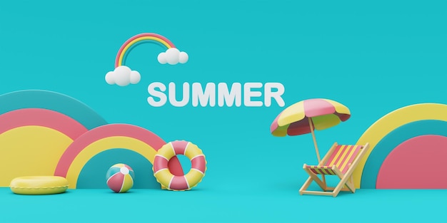 rendu 3d du concept de vacances d'étéaffichage de podium coloré avec éléments d'éténuages et style minimal arc-en-cielrendu 3d