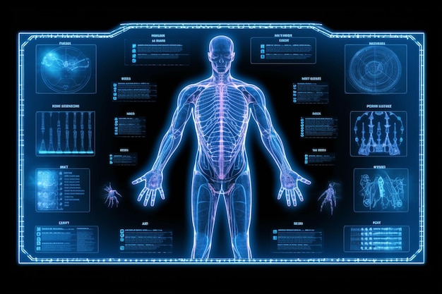 Photo rendu 3d du corps humain x ray sur fond noir avec interface hud
