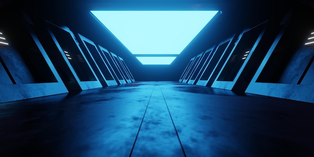 Rendu 3d du couloir du vaisseau spatial néon rougeoyant bleu foncé fond futuriste Sci Fi Illustration