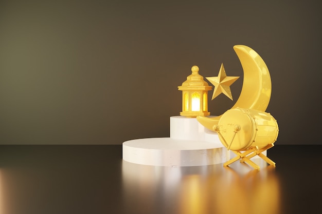 Rendu 3D du croissant de lune et de Bedug (tambour) sur la scène du podium blanc pour l'arrière-plan de la bannière du Ramadan