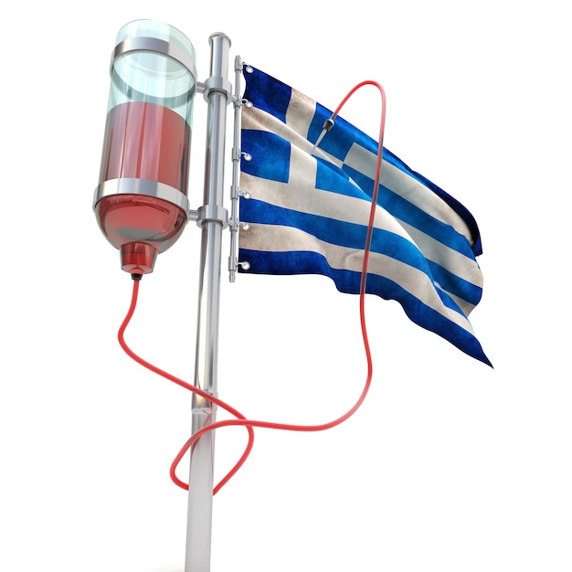 Photo rendu 3d du drapeau grec connecté à une unité de transfusion sanguine