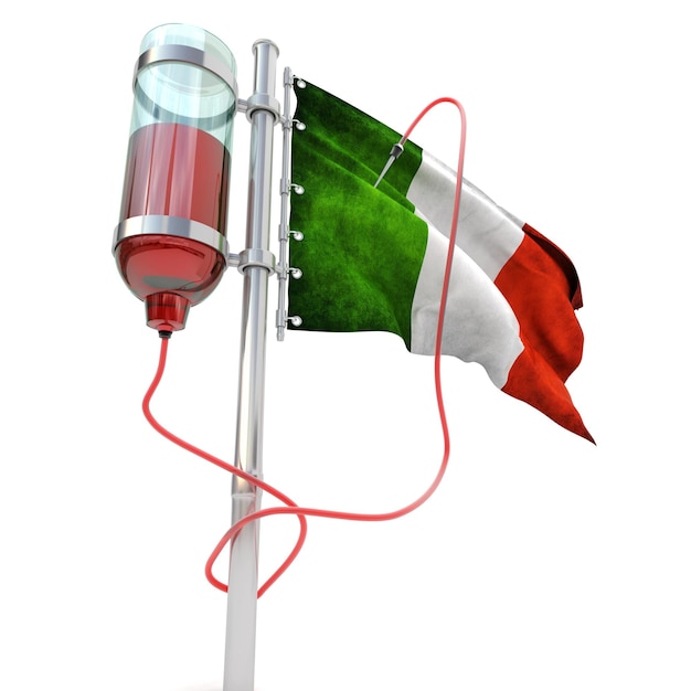 Rendu 3D du drapeau italien connecté à une unité de transfusion sanguine