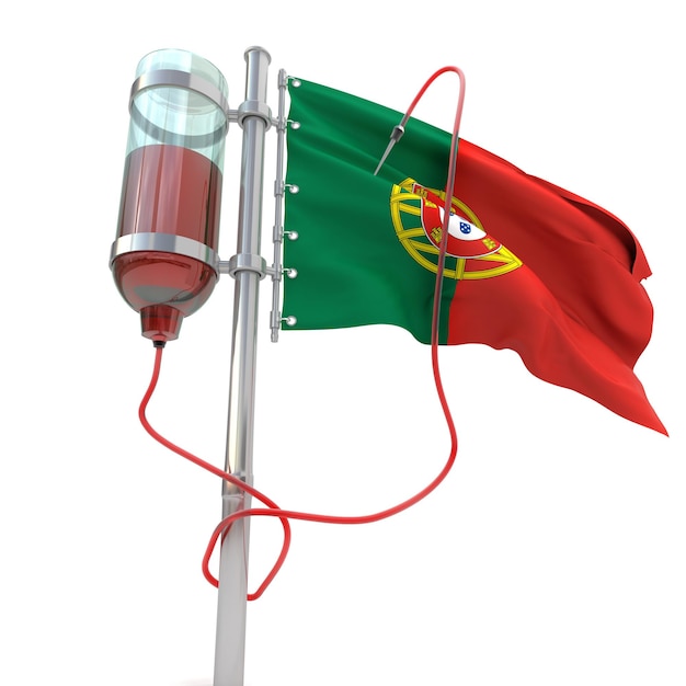 Rendu 3D du drapeau portugais connecté à une unité de transfusion sanguine