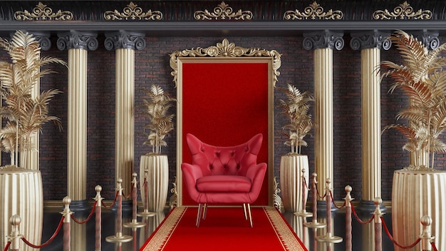 Rendu 3D du fauteuil rouge avec tapis rouge et barrières dorées fauteuil rouge sur fond d'architecture de colonne classique