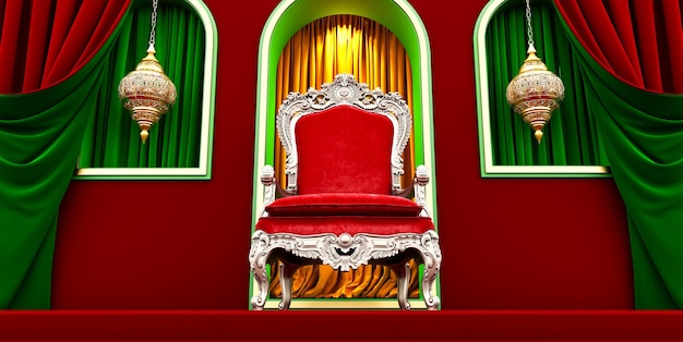 Rendu 3D du fond de la salle du trône Chambre avec des rideaux rouges et verts et un fauteuil royal de style islamique