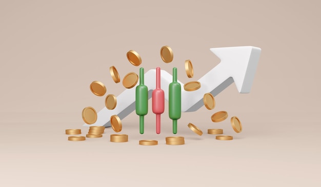 Rendu 3D du graphique commercial minimal rouge et vert avec des pièces de monnaie et une flèche blanche sur le concept d'arrière-plan d'investissement en bourse. Illustration de rendu 3D.