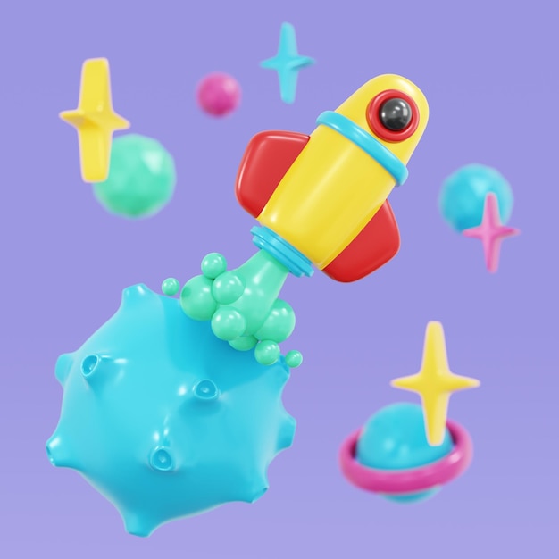 Rendu 3D du lancement d'un vaisseau spatial dans l'espace avec le concept de planète découvrez le style de dessin animé d'illustration de rendu 3d de galaxie