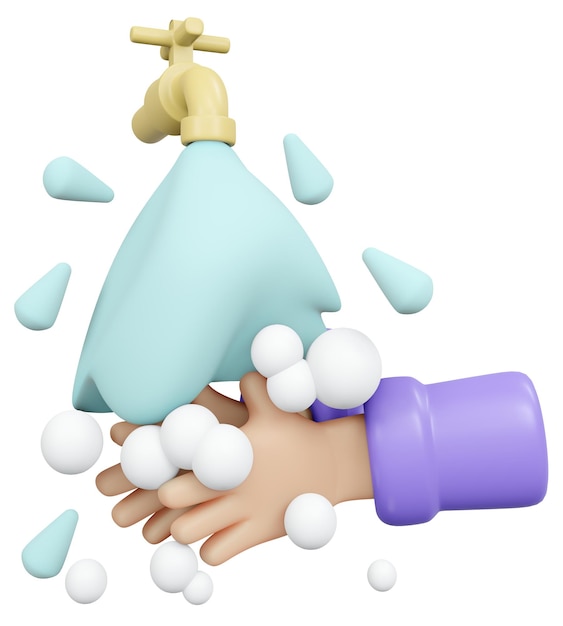 Photo rendu 3d du lavage des mains avec de l'eau et du savon isolé sur fond blanc concept d'hygiène et de santé illustration de rendu 3d style dessin animé minimal