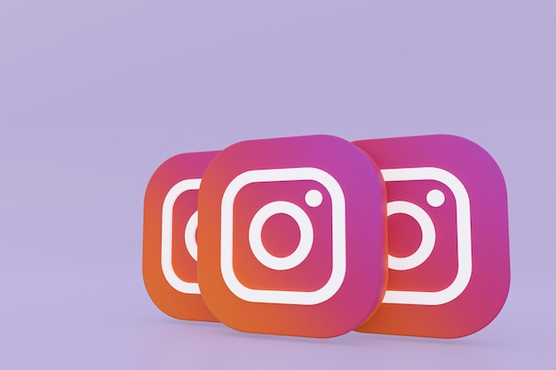 Rendu 3d du logo de l'application Instagram sur fond violet