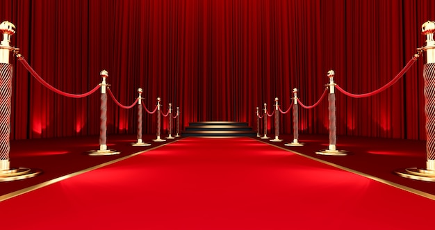 Photo rendu 3d du long tapis rouge entre les barrières de corde, tapis rouge réaliste et piédestal.