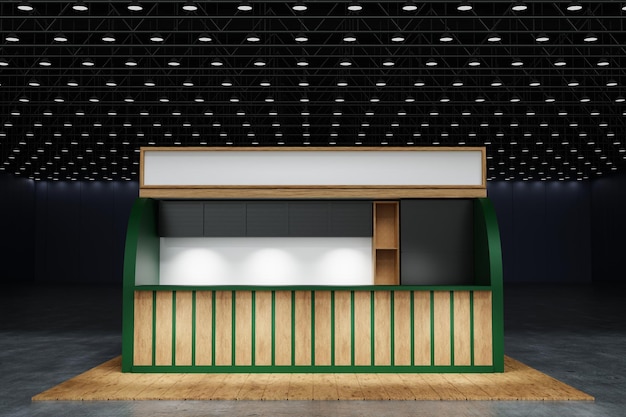 Photo rendu 3d du modèle d'affichage du stand d'exposition du système de kiosques verts et en bois