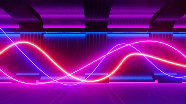 Rendu 3D du néon flash et de la lumière rougeoyante sur une scène sombre Lignes mobiles de lumière de vitesse