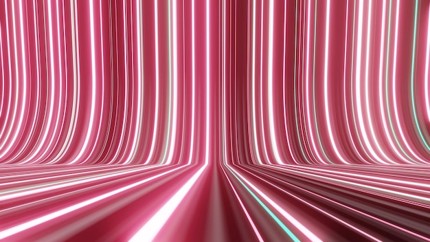 Rendu 3D du néon flash et de la lumière rougeoyante sur une scène sombre Tunnel de lumière rapide à travers la ville ou la technologie Internet urbaine du futur réseau Sci-fiction du voyage interstellaire hyperespace