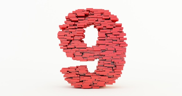 Rendu 3D du numéro neuf à partir de briques de construction, concept de briques rouges qui s'accumulent pour former le numéro 9