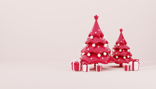 Le rendu 3D du Père Noël décore l'arbre de Noël rouge entouré de décorations de Noël de boîte-cadeau