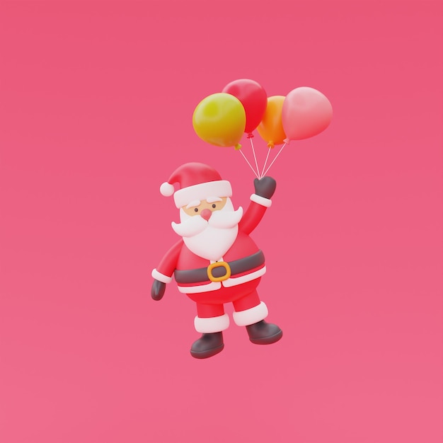 Rendu 3d du personnage de dessin animé père noël avec ballon joyeux Noël et nouvel an