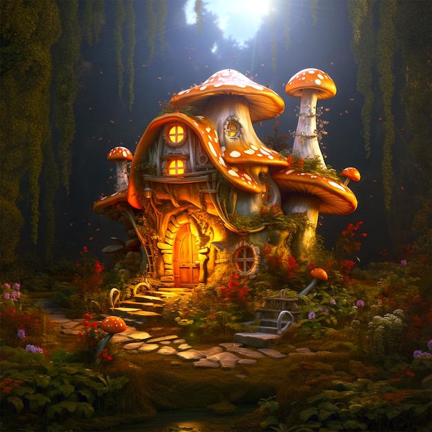 Photo rendu 3d du petit cottage de conte de fées en forme de champignon dans la forêt magique
