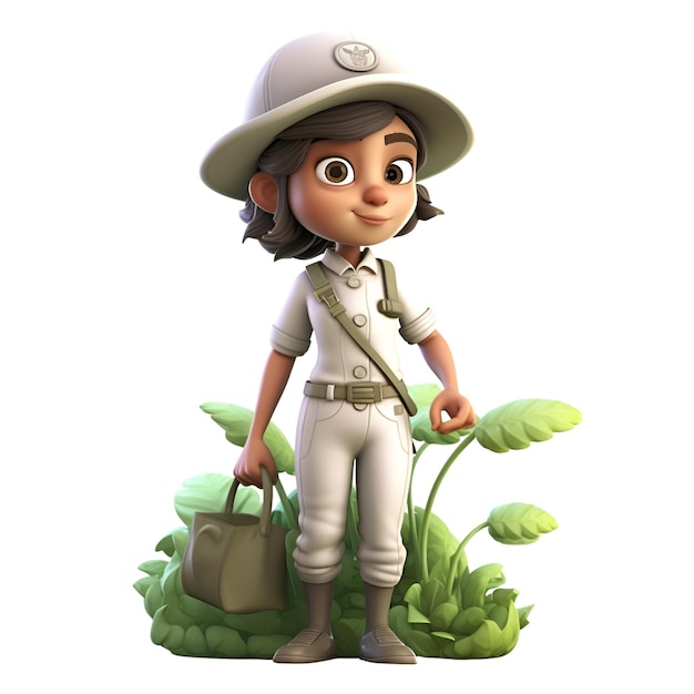 Rendu 3D du petit garçon avec chapeau de safari et costume de scout