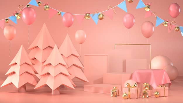 Rendu 3D du podium avec des arbres, des ballons, des coffrets cadeaux et des guirlandes