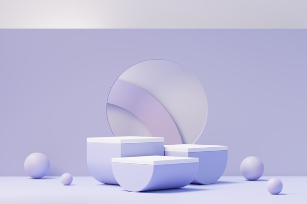 Rendu 3d du podium de beauté avec la couleur Very Peri de l'année 2022 pour la présentation des produits et la publicité. Ciel pastel minimal et scène terrestre rêveuse. Notion de romantisme.