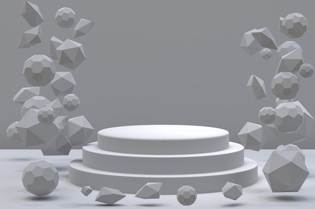 Rendu 3D du podium blanc et des formes abstraites flottant