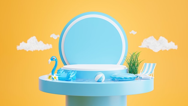 Rendu 3D du podium bleu avec été, plage de chaise, plage de parasol, plumeria, flamant bleu gonflable, concept de piscine pour l'affichage du produit