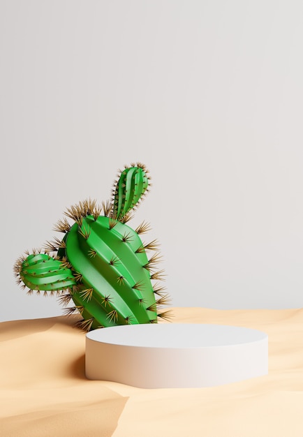 Rendu 3D du podium avec cactus, sable pour l'affichage de votre produit