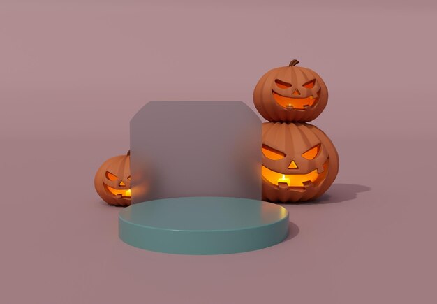 Rendu 3d du podium de la citrouille d'Halloween en plus du verre à l'intérieur de la bougie rougeoyante sur fond d'Halloween